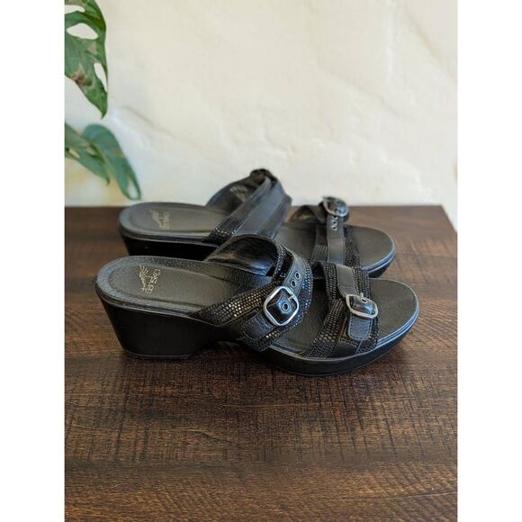 Dansko Women's Jessie Lizard Black Leather Buckle Slide Heel Sandals - Size 39 - Picture 1 of 9